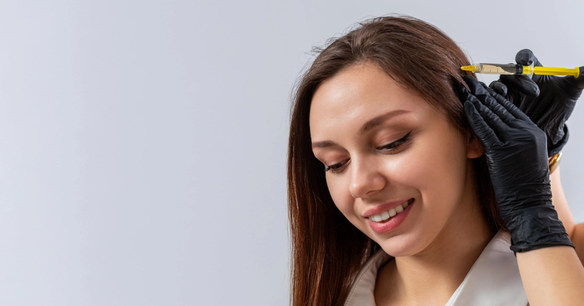 A smiling woman receiving Treatment for Hair Loss in Northborough, MA via a scalp injection from a professional wearing black gloves.